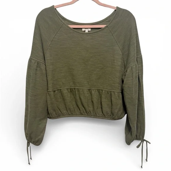 Aerie Endless Summer Cropped Sweatshirt Womens Small Olive Green Long Tie Sleeve - Picture 1 of 16